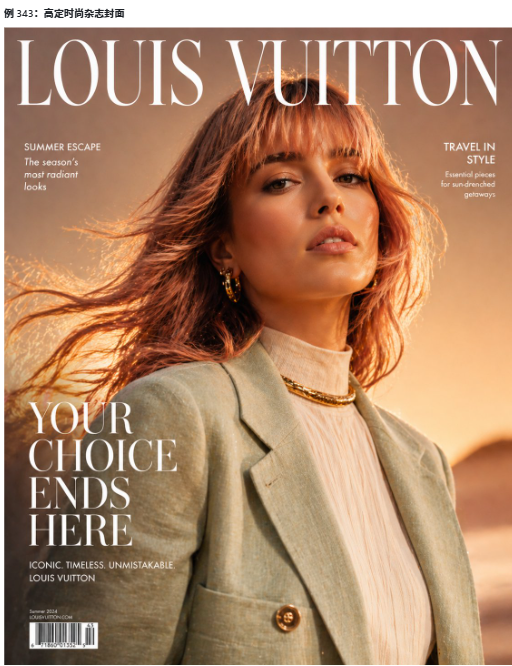 Ultra high-fashion magazine cover, Louis Vuitton-style edito