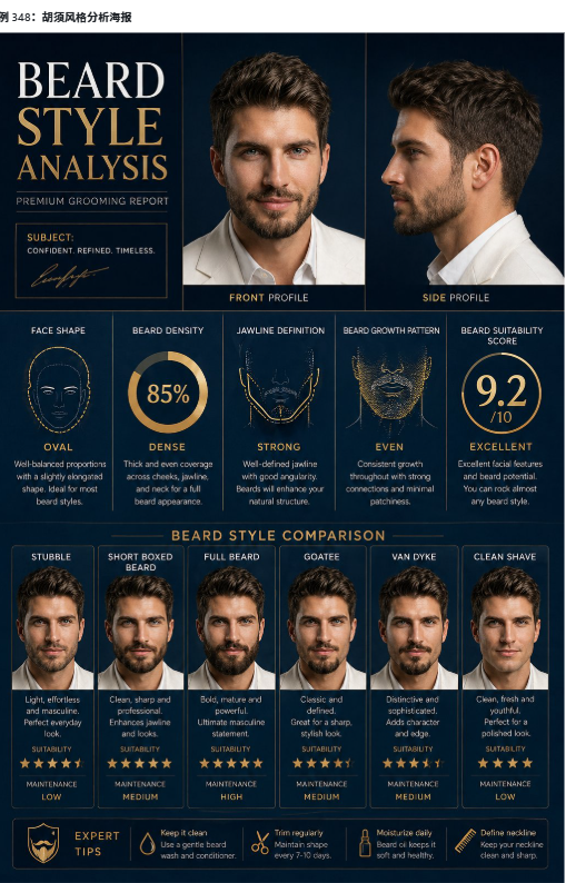 Create a premium “BEARD STYLE ANALYSIS” poster featuring the