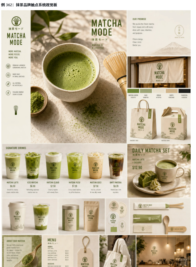 Create a premium “Matcha Brand Touchpoint System” visual boa
