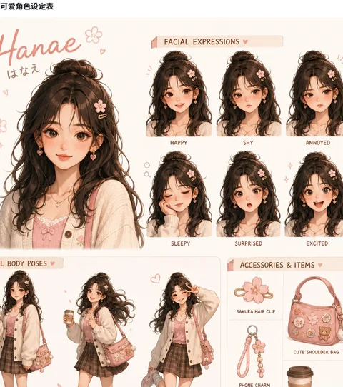 Create a cute female character design sheet inspired by the