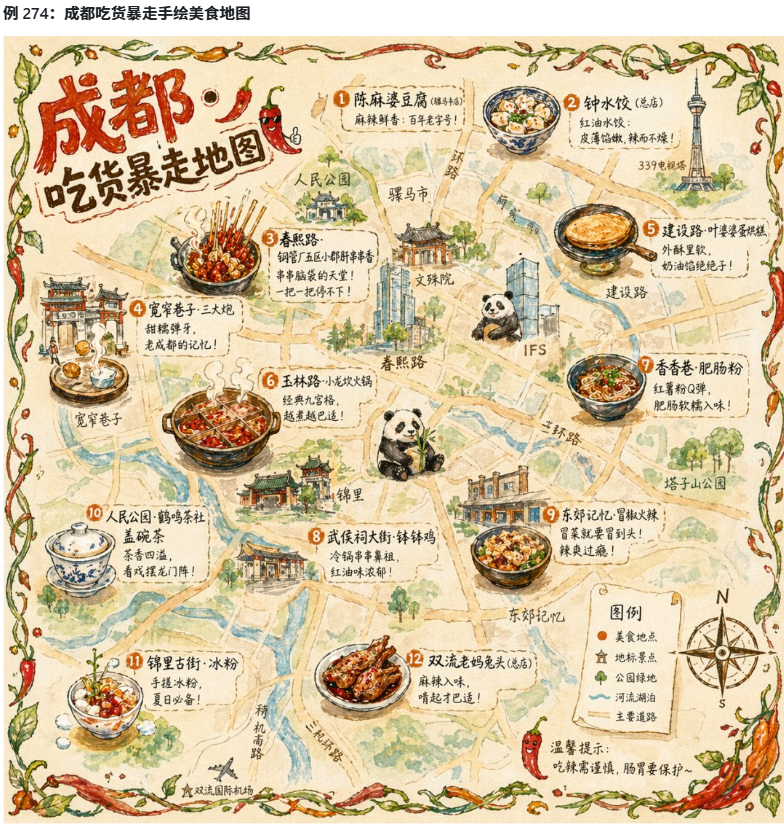 一张手绘风格的城市美食地图,以成