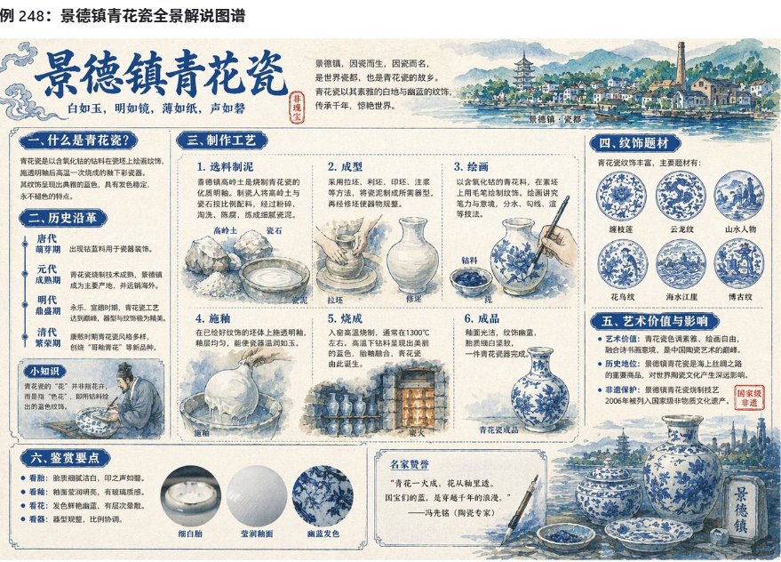 为我生成景德镇青花瓷的详细解说图