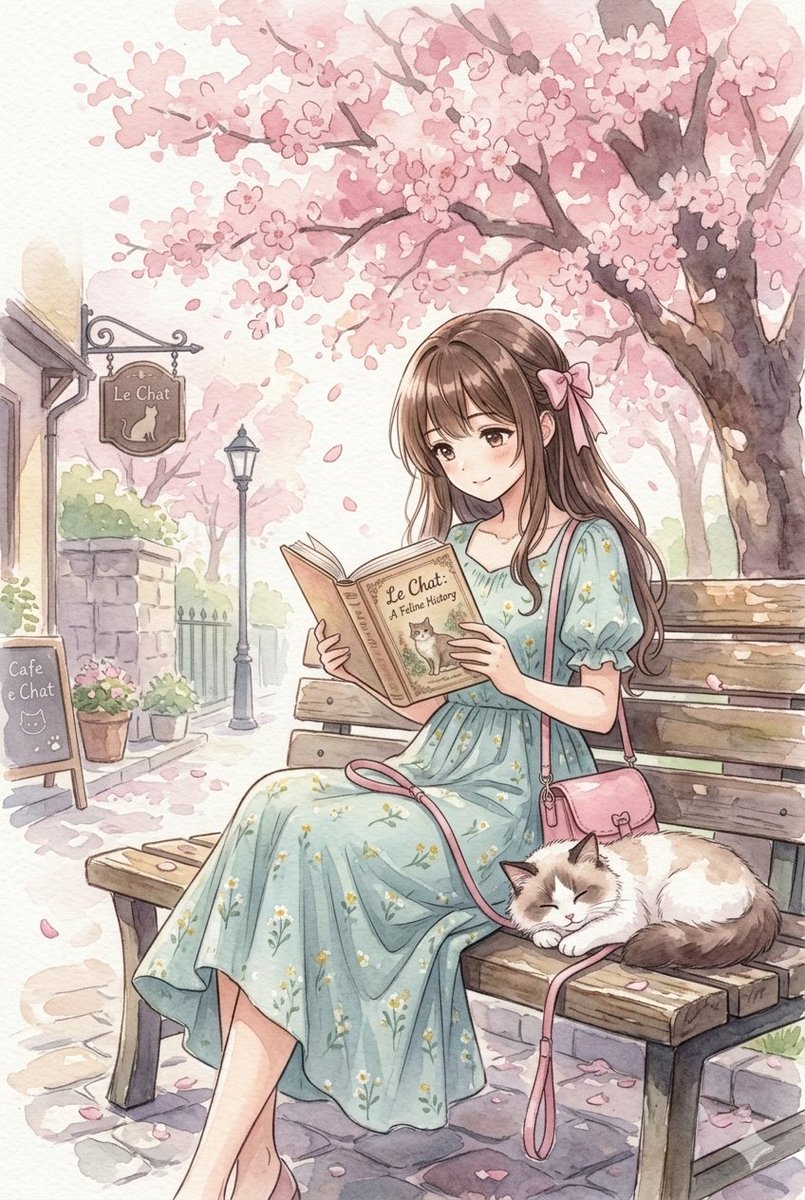 Nano Banana Pro | 樱花树下阅读的动漫少女水彩画