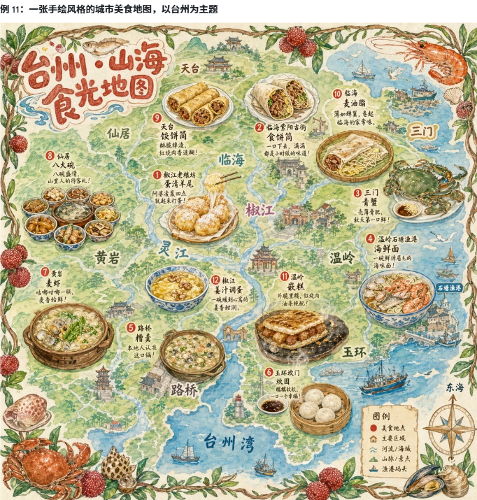 一张手绘风格的城市美食地图,以台