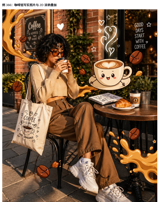 A trendy young woman sitting at an outdoor café table, holdi